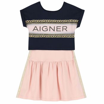 Girls Pink and Navy Blue Logo Dress Set