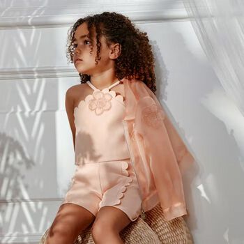 طقم شورت للبنات مزين بالزهور  باللون البرتقالي 