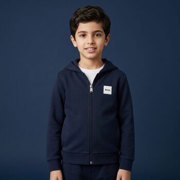 Younger Boys Navy Blue Logo Hooded Zip Up Top