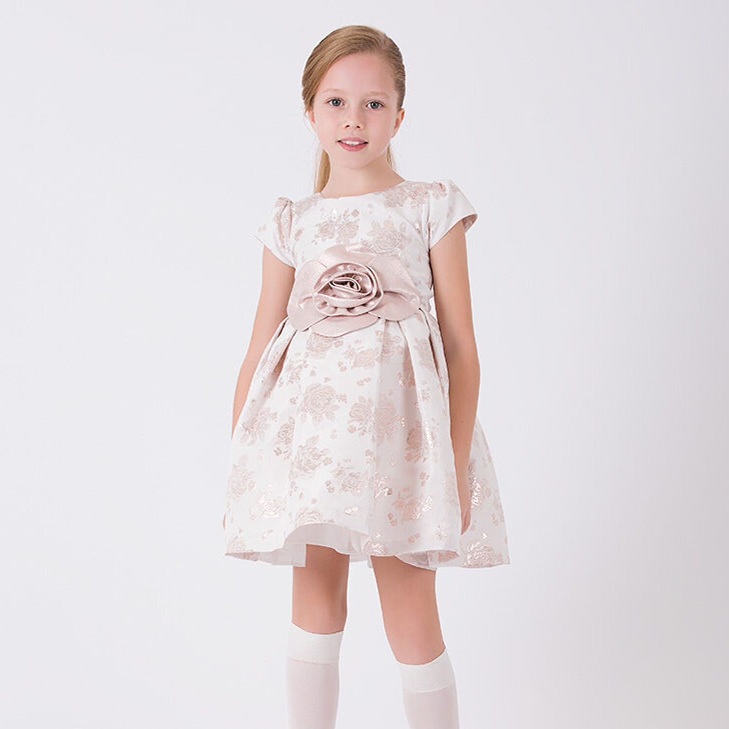 Girls Ivory & Gold Jacquard Dress, 1, hi-res image number null