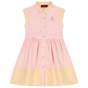 Girls Pink Logo Striped Dress