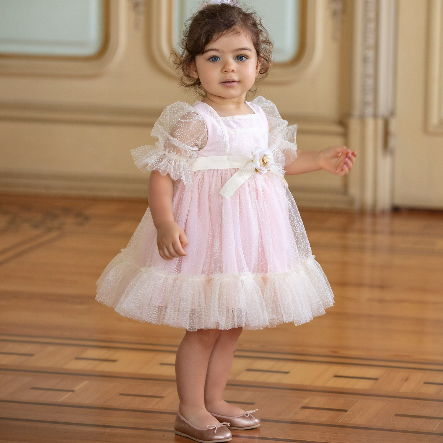Younger Girls Ivory & Pink Tulle Dress, 1, hi-res image number null