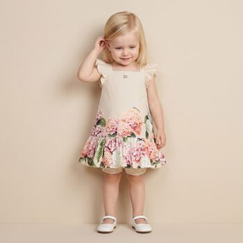 Baby Girls Beige Floral Striped Dress Set