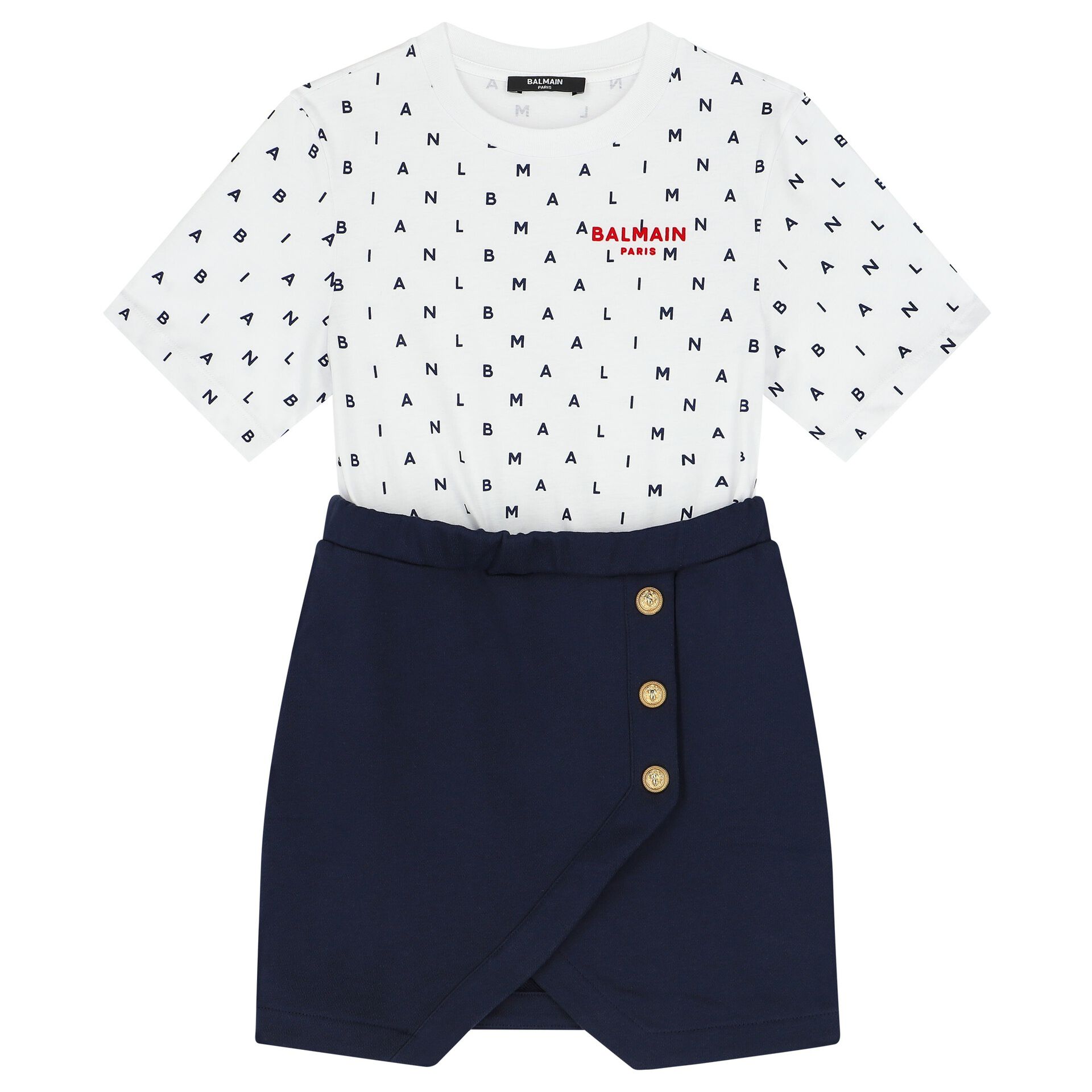 Balmain Girls White & Navy Blue Logo Dress | Junior Couture USA
