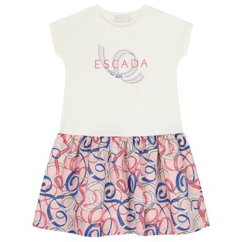 Girls Ivory & Pink Ribbon Logo Dress