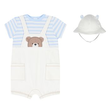 Baby Boys White & Blue Dungaree & Hat Set
