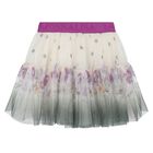 Girls Ivory & Purple Floral Logo Tulle Skirt, 1, hi-res