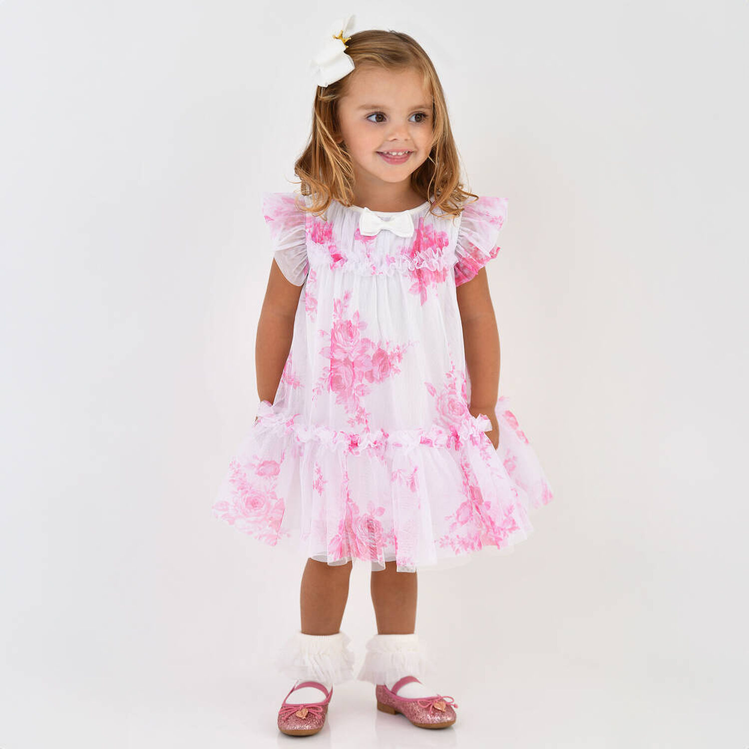 Baby Girls White & Pink Rose Tulle Dress, 4, hi-res image number null
