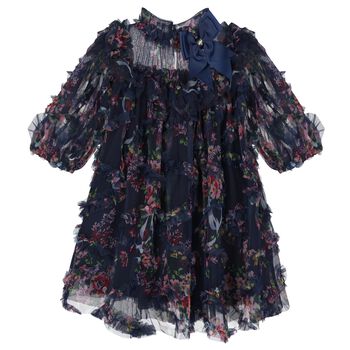 Girls Navy Blue Floral Ruffled Tulle Dress