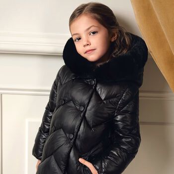 Girls Black Zig Zag Quilted Puffer Coat