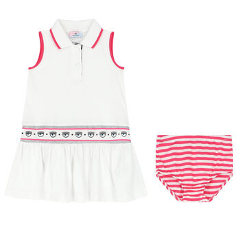Younger Girls White & Pink Logo Polo Dress Set
