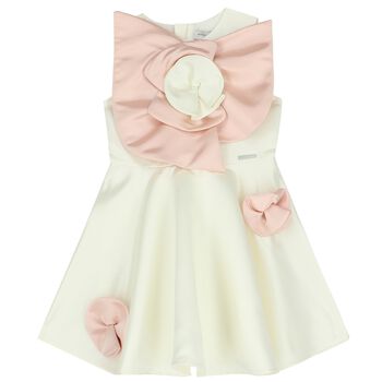 Girls White & Pink Flower Satin Dress