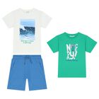 Boys Green, White & Blue Shorts Set (3 Piece), 1, hi-res
