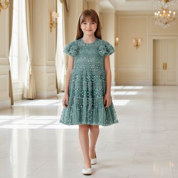 Girls Green Sequin Tulle Dress
