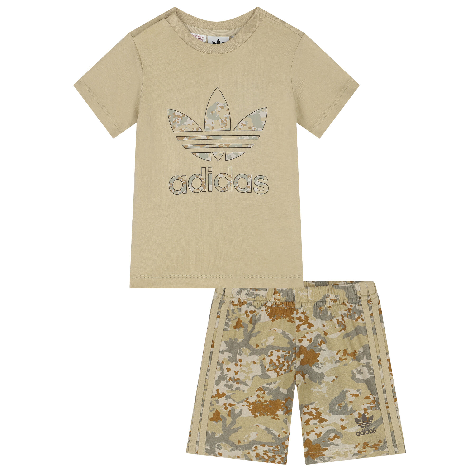 Adidas Kids Beige Trefoil Logo Camouflage Shorts Set Junior Couture