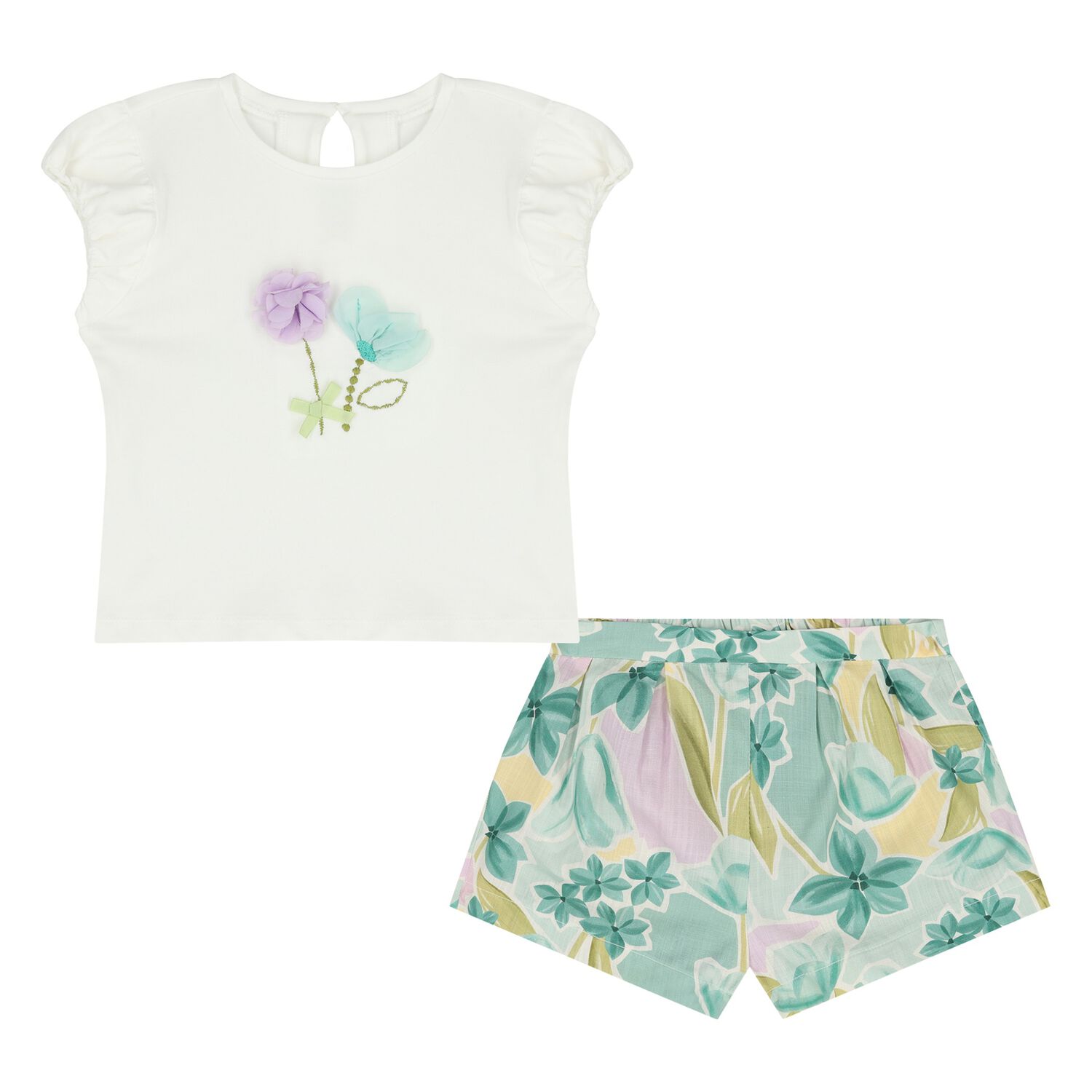 Younger Girls Ivory & Green Floral Shorts Set, 2, hi-res