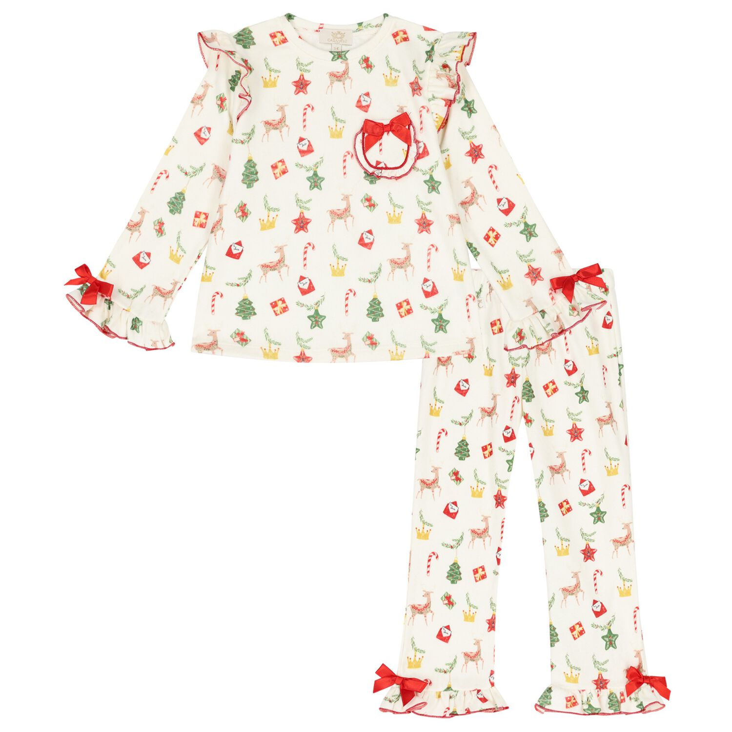 Girls Ivory & Red Ruffled Pyjamas, 1, hi-res