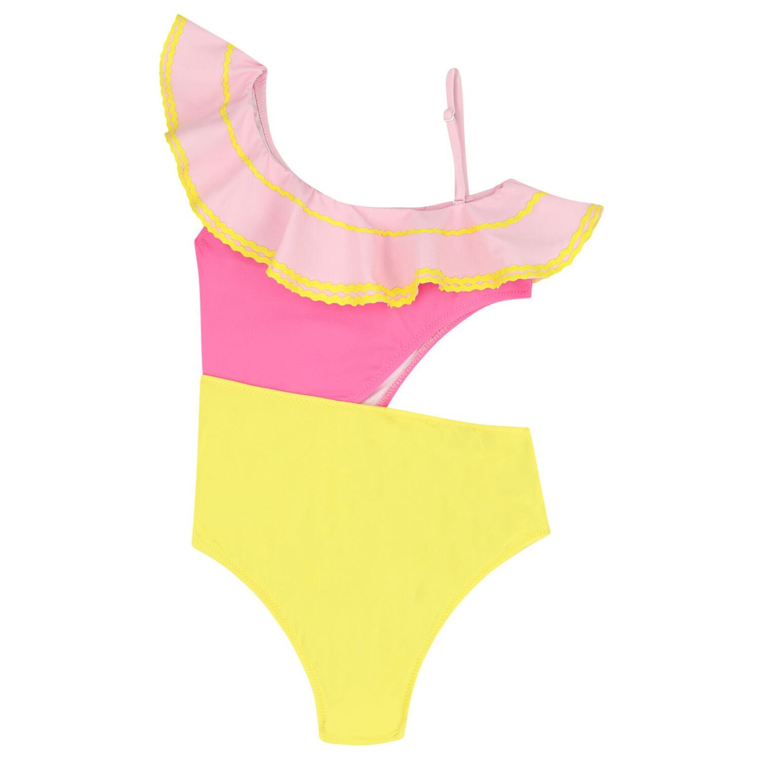 Girls Pink & Yellow Ruffle Swimsuit, 1, hi-res