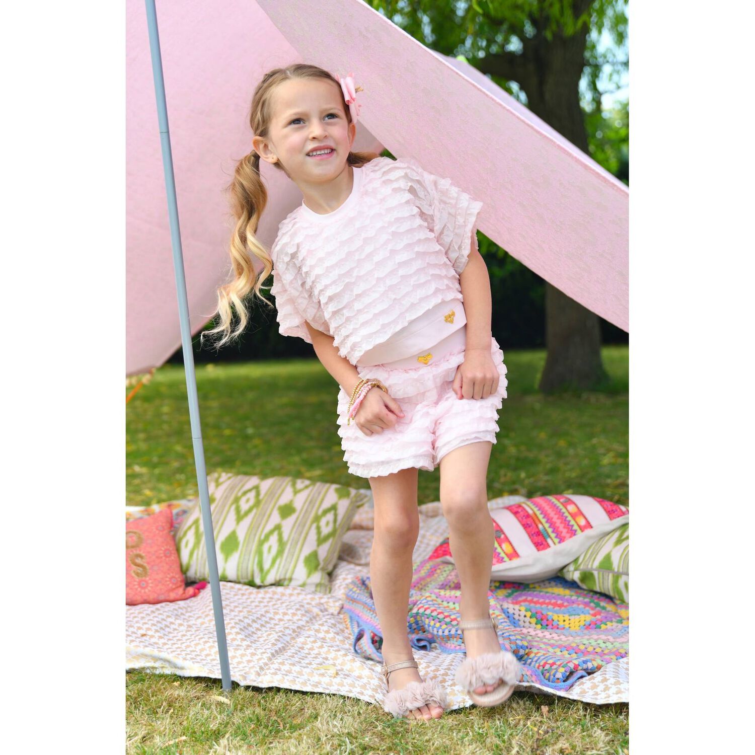 Girls Pink Ruffle Chiffon Shorts Set, 1, hi-res