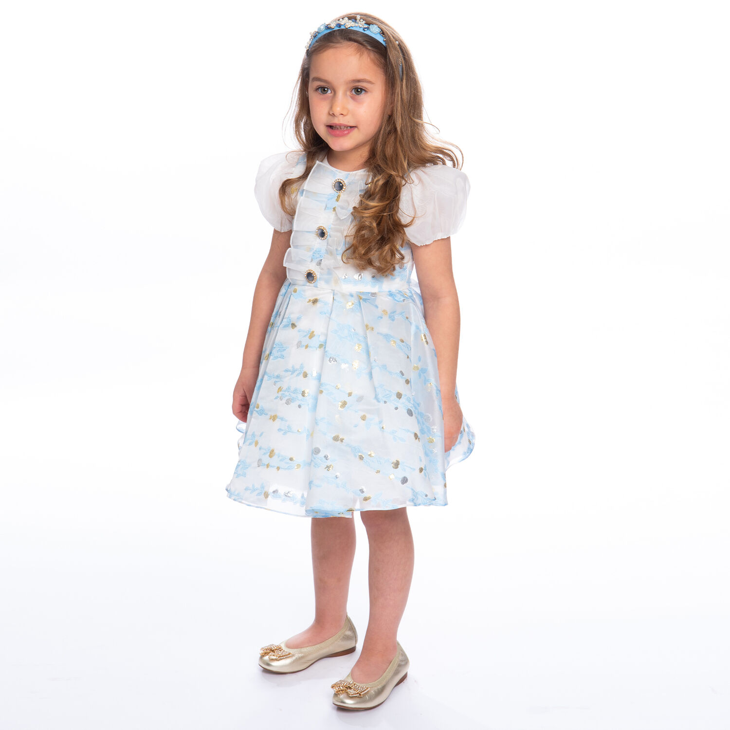 Girls White & Blue Organza Dress, 1, hi-res image number null