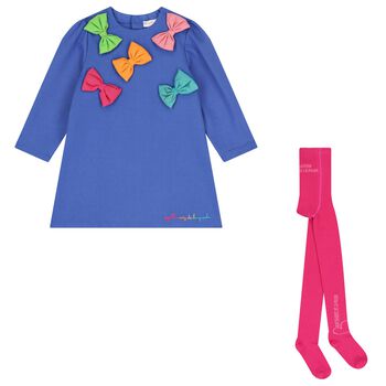 Girls Blue & Pink Bow Dress Set