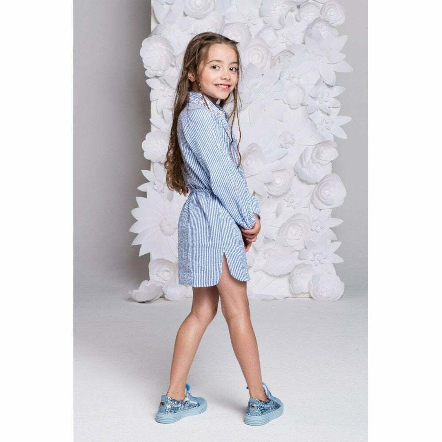 Girls Blue Striped Long Sleeved Dress, 1, hi-res