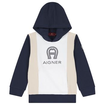 Boys Navy Blue & White Logo Hooded Top