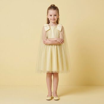 Girls Gold Tulle & Chiffon Cape Dress