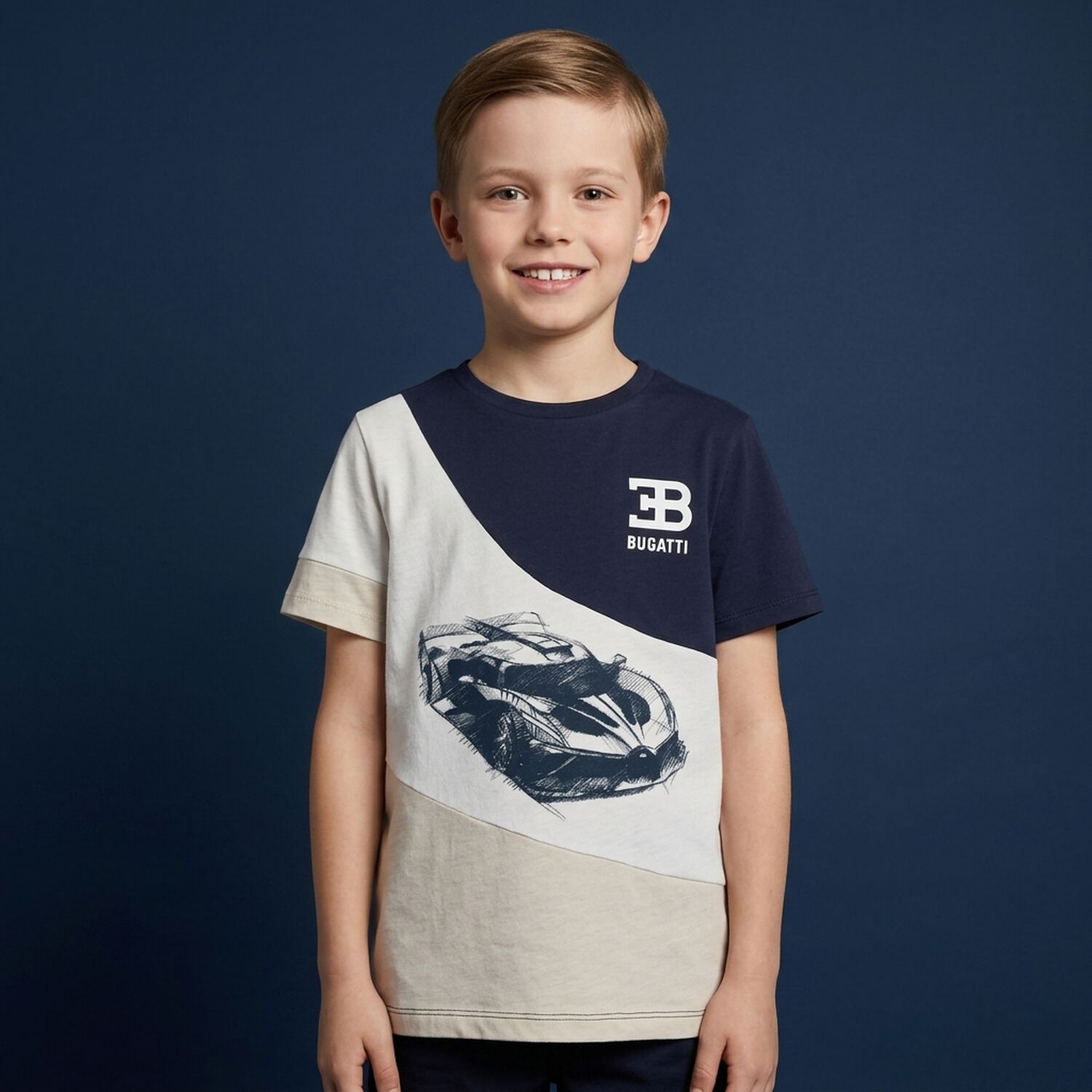 Boys Navy Blue, White & Beige Logo T-Shirt, 1, hi-res