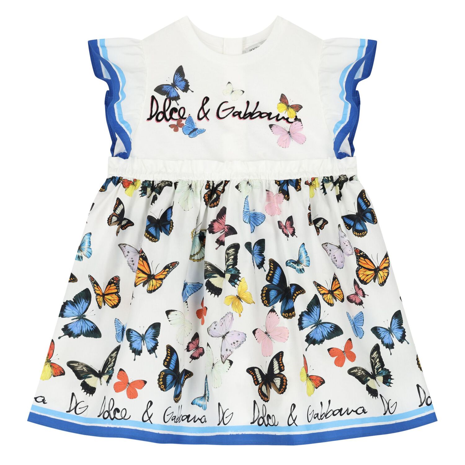 Younger Girls White & Blue Poplin Butterfly Print Dress, 1, hi-res