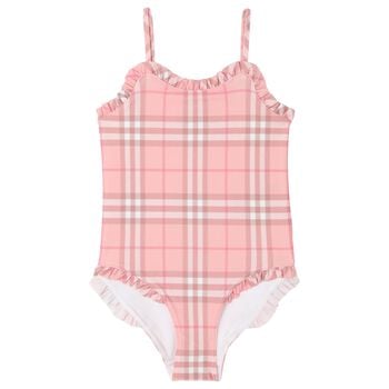 Girls Pink Check Ruffled Swimsuit