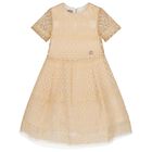 Girls Beige Embroidered Tulle Dress, 1, hi-res