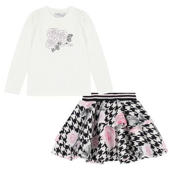 Girls Ivory & Black Embellished Houndstooth Skirt Set
