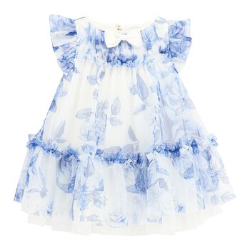 فستان بنات تول بطبعة الزهور باللون الأبيض والأزرق