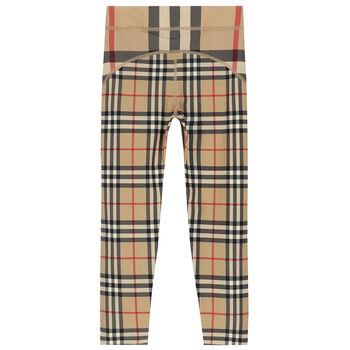 Girls Beige Checkered Leggings