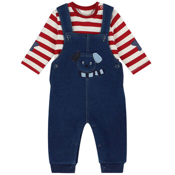 Baby Boys Ivory, Red & Blue Dungaree Set