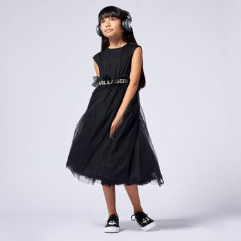 Girls Black Logo Tulle Dress