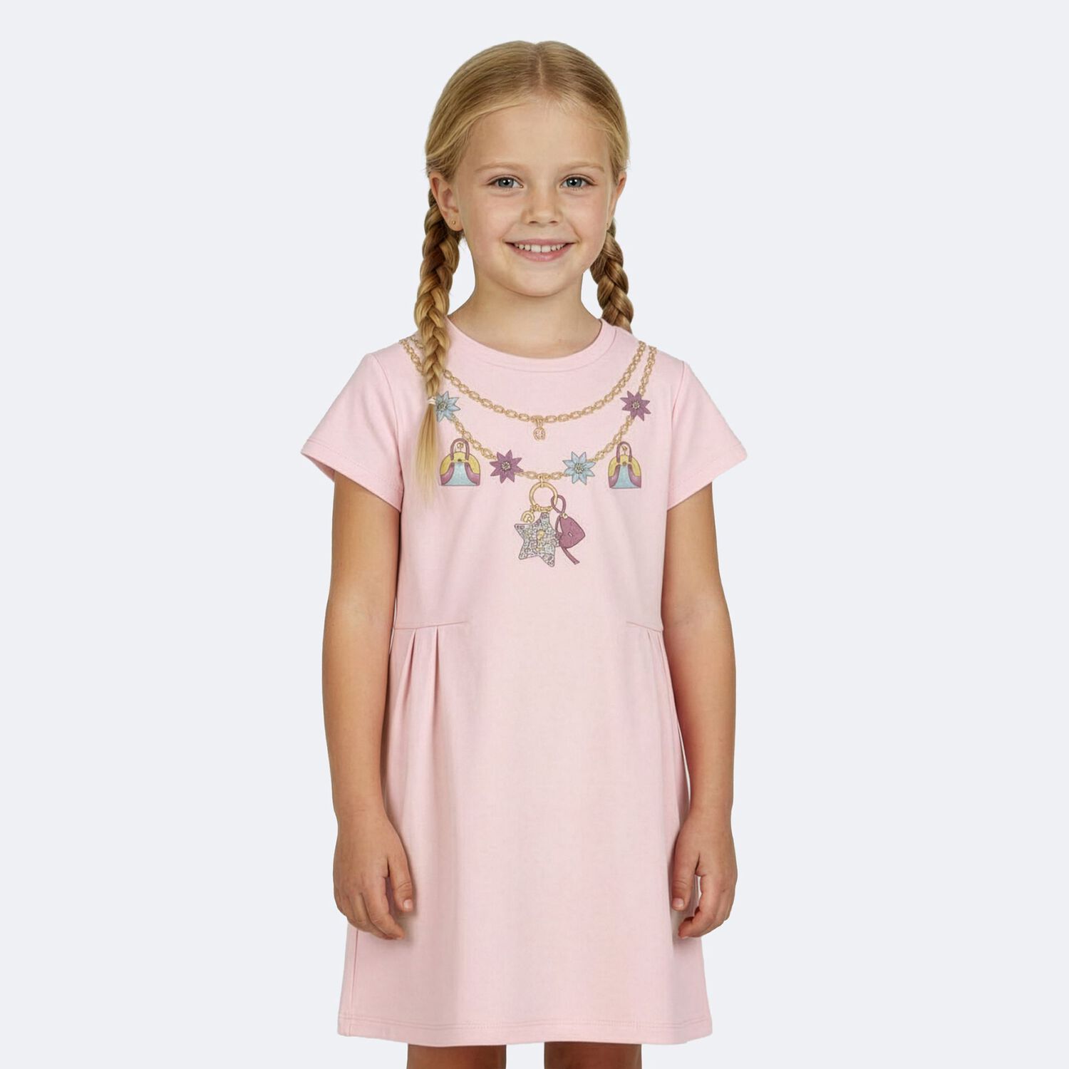 Girls Pink Necklace Logo Dress, 2, hi-res