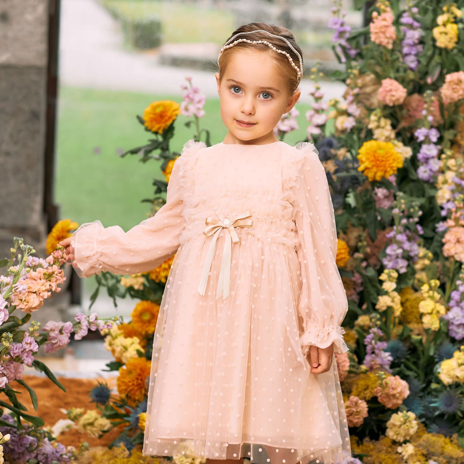 Younger Girls Pink Tulle Dress, 1, hi-res