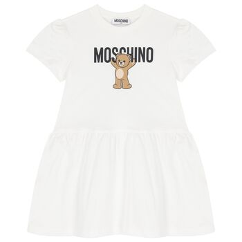 Girls White Teddy Bear Logo Dress
