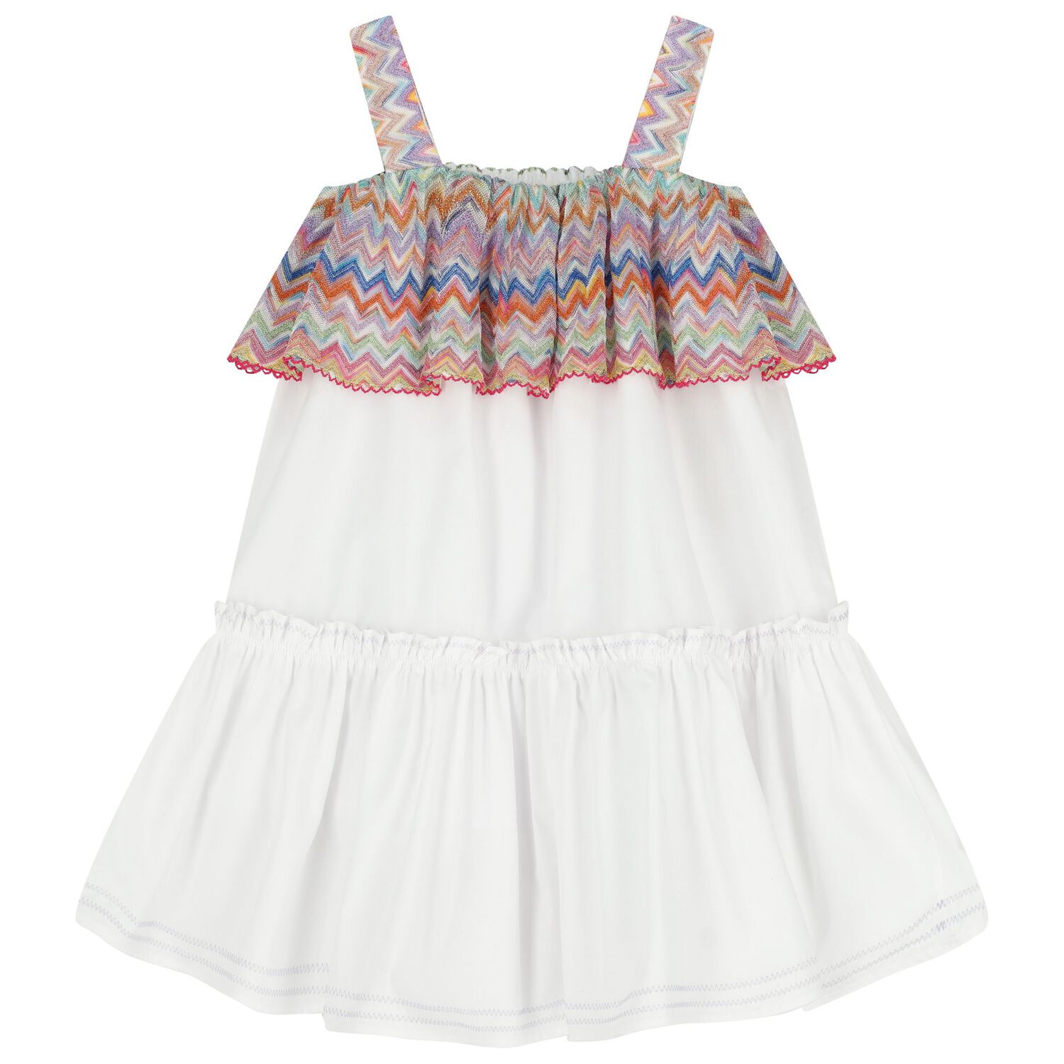 Girls White Zigzag Ruffle Dress, 1, hi-res
