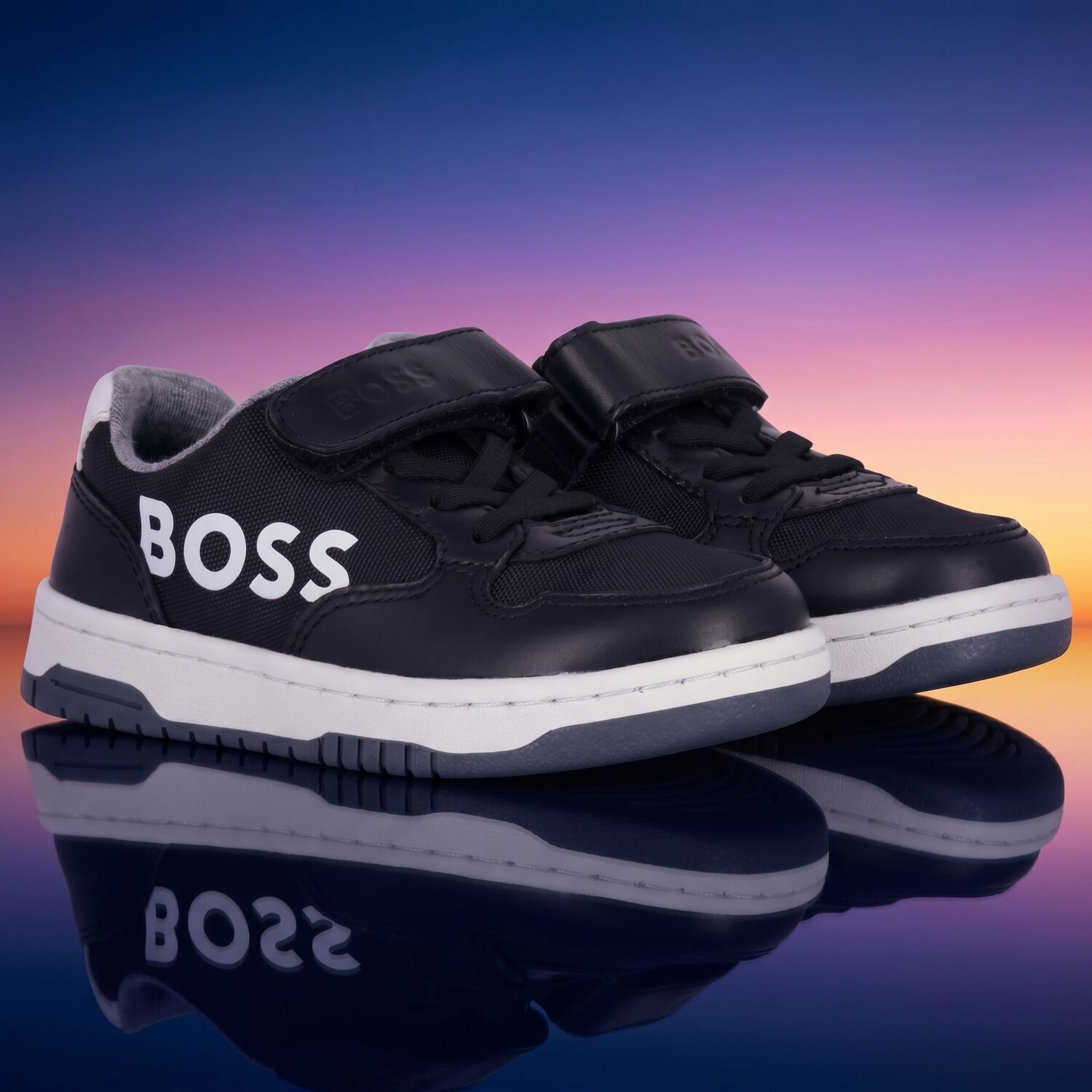 Boys Black & White Logo Trainers, 1, hi-res
