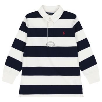 Boys White & Navy Blue Striped Polo Shirt