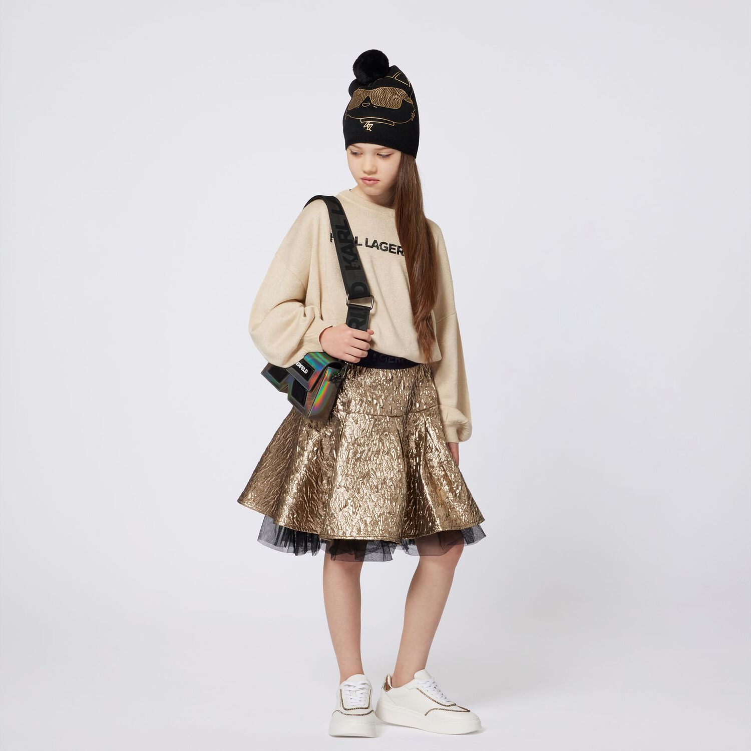 Girls Gold Logo Pleated Skirt, 1, hi-res