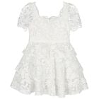 Girls White Embroidered Lace Tiered Dress, 1, hi-res