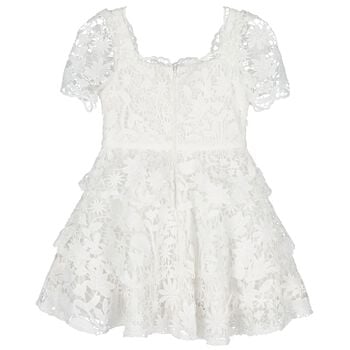 Girls White Embroidered Lace Tiered Dress