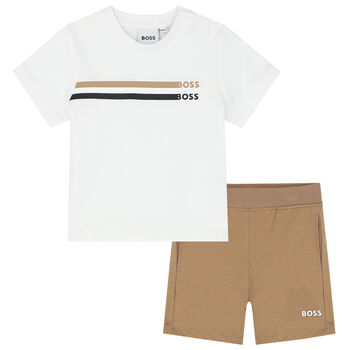 Younger Boys White & Beige Shorts Set