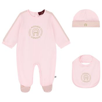 Baby Girls Pink & Gold Logo Babygrow Hat & Bib Gift Set