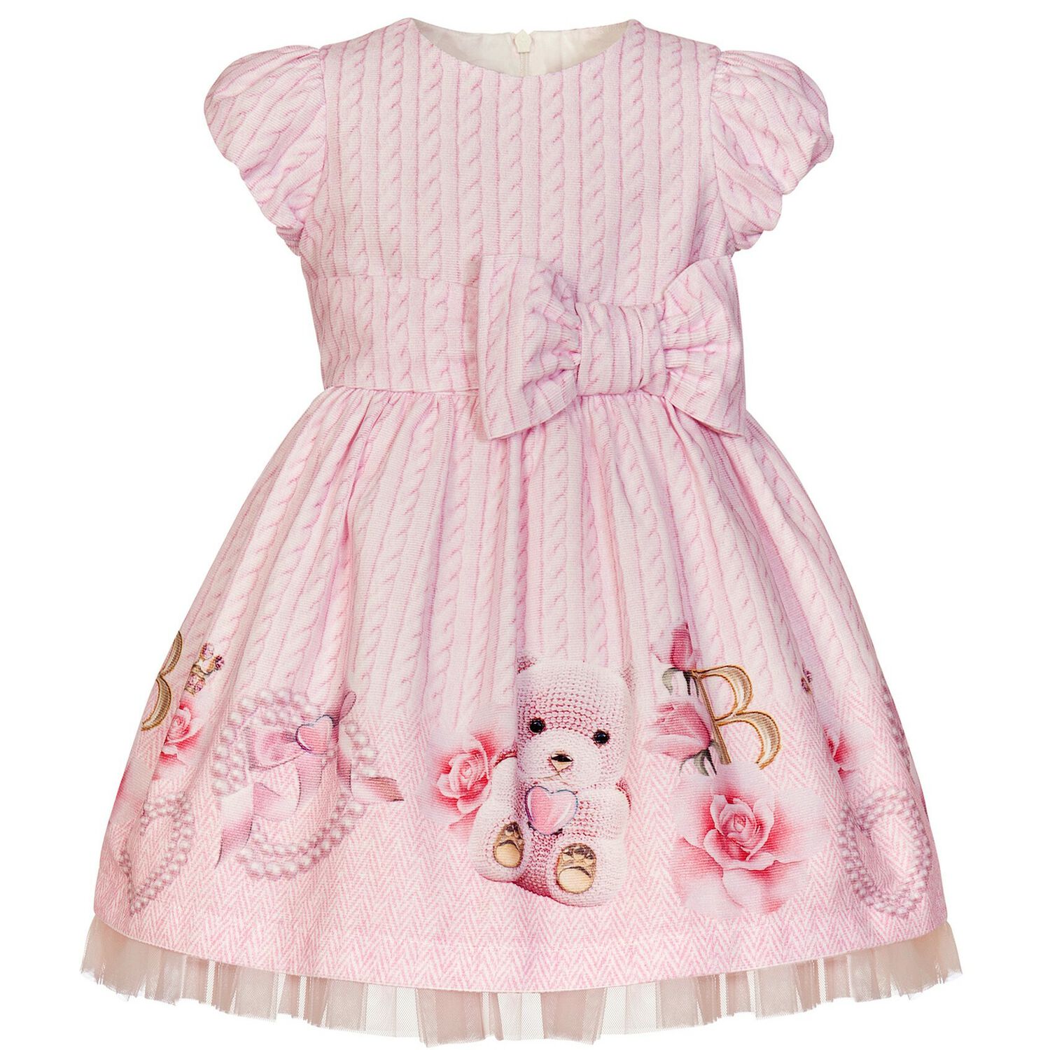 Girls Pink Teddy Bear Cotton Dress, 1, hi-res