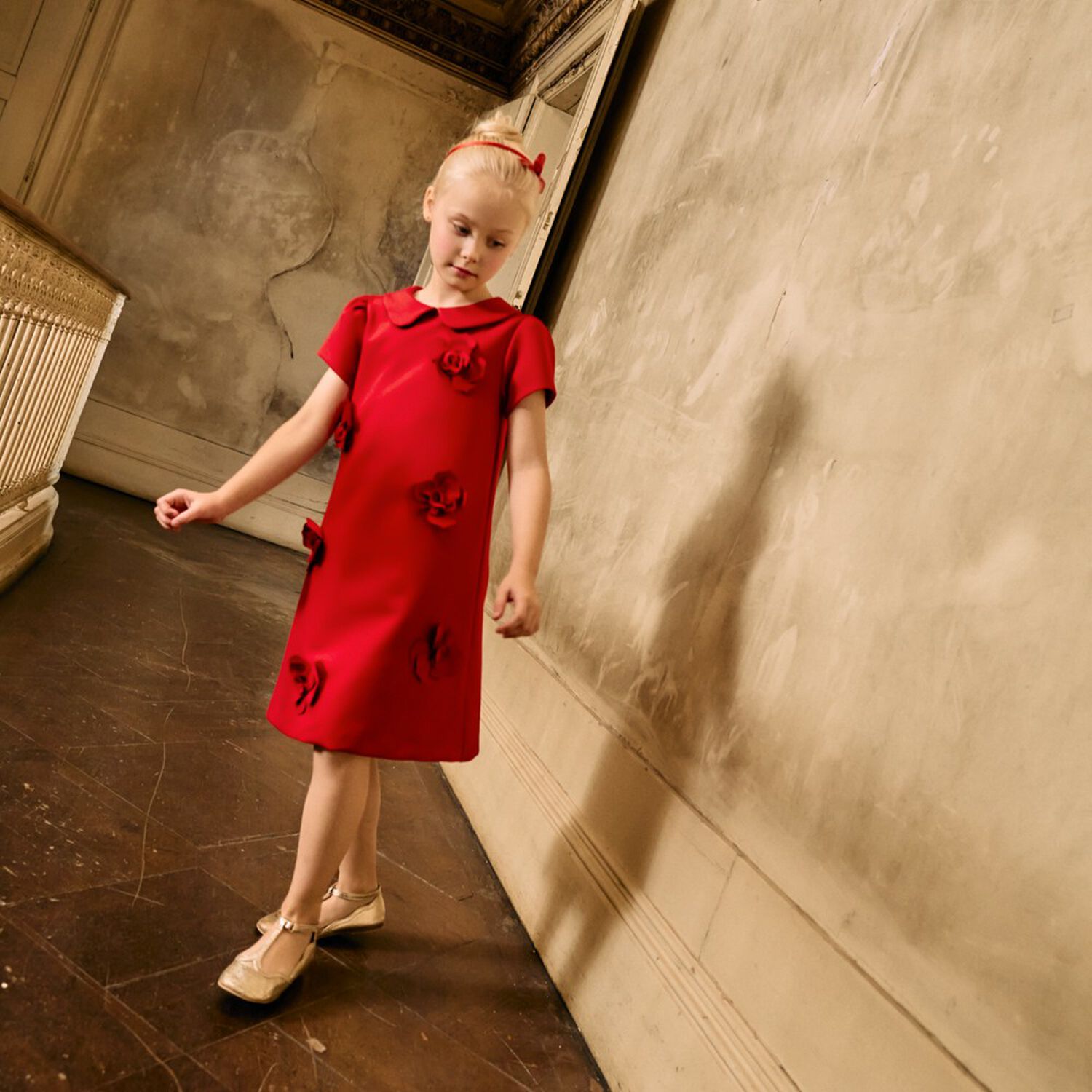 Girls Red Flower Twill Dress, 1, hi-res